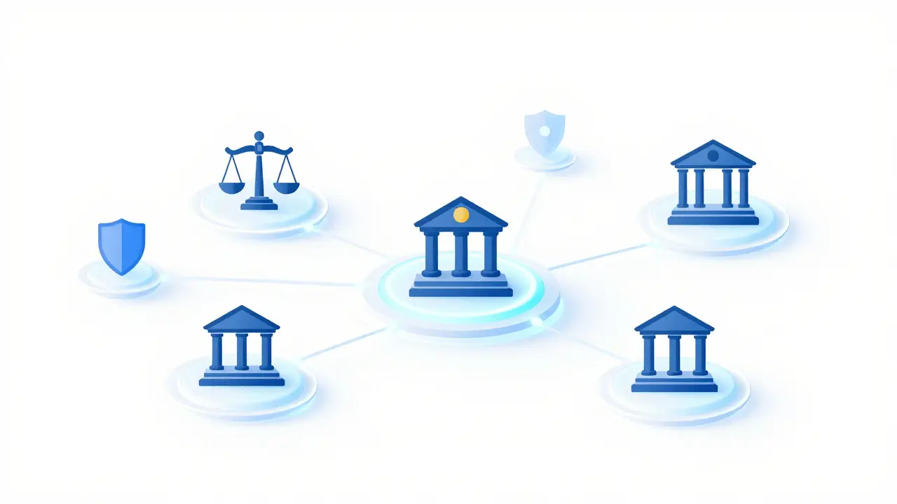 Digital blockchain nodes connecting court buildings
