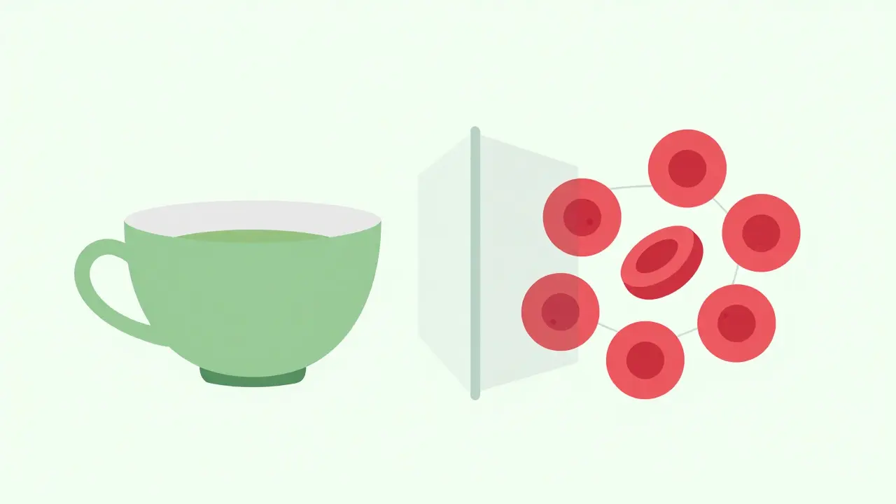Green tea cup and blood cell separated by a protective barrier