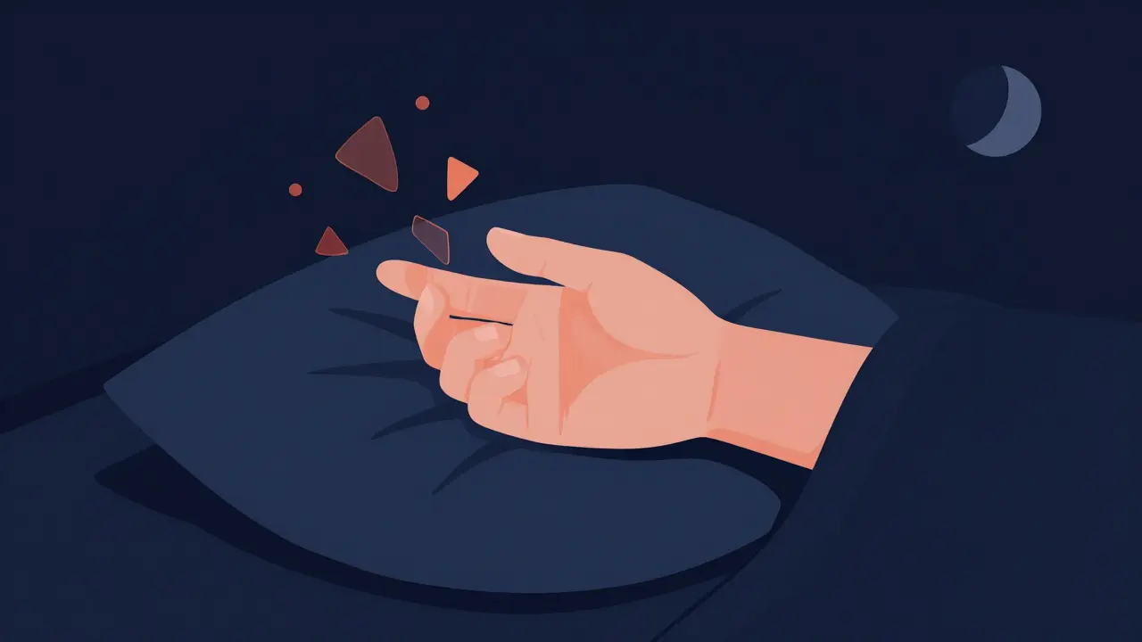 Hand on pillow at night with abstract shapes indicating tingling and numbness in fingers.