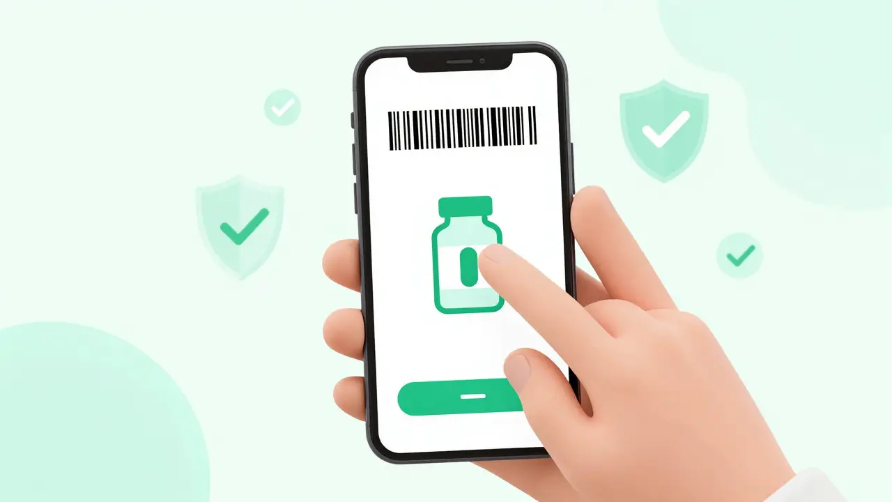 Hand scanning barcode for safe online medicine purchase, illustration