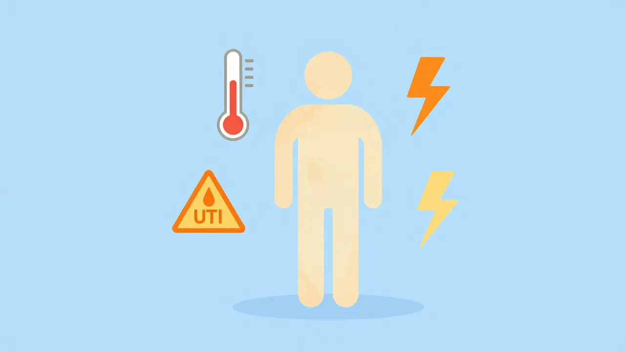Icons of heat, infection, and stress surrounding a translucent figure