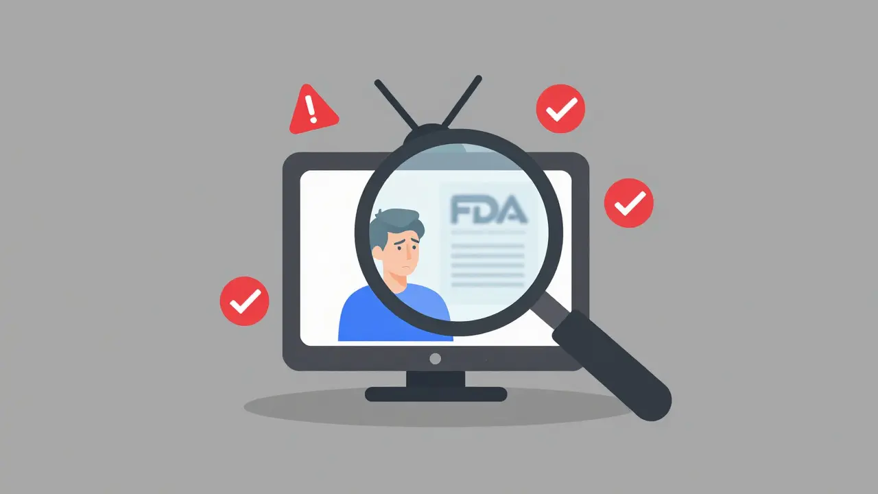 Magnifying glass inspecting TV ad with warning icons for FDA compliance