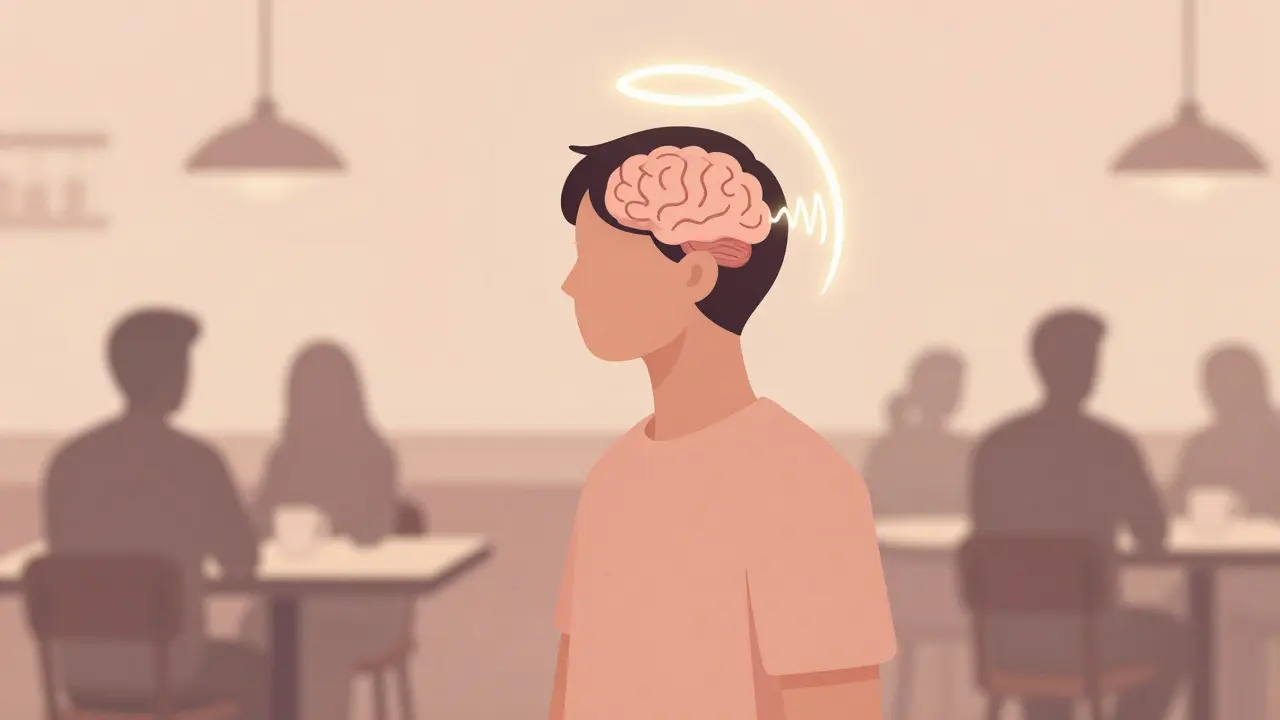 Person experiencing clear hearing and sound localization in a noisy cafe setting