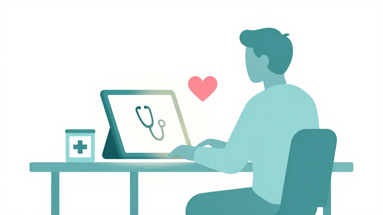 Person using a tablet for telemedicine consultation with medical symbols