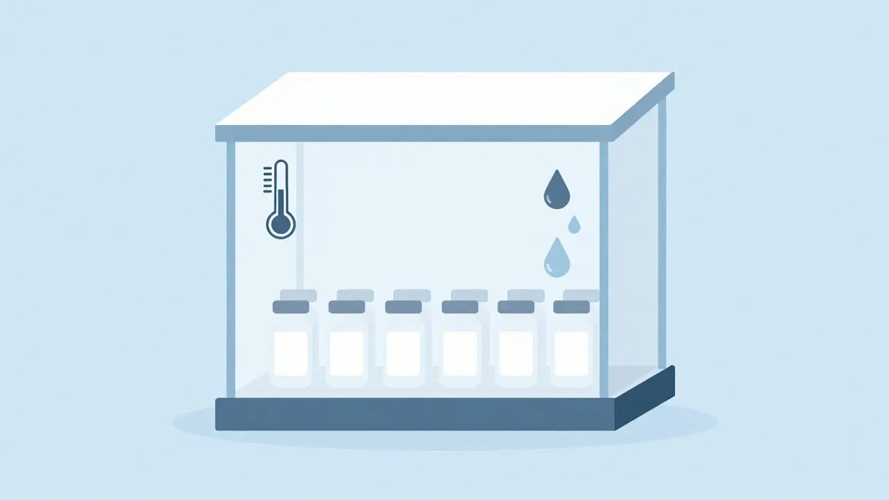 Simplified lab chamber with pills and climate icons
