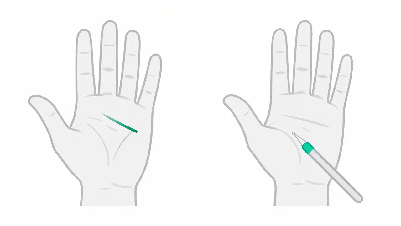 Split illustration comparing open and endoscopic carpal tunnel release surgery methods.