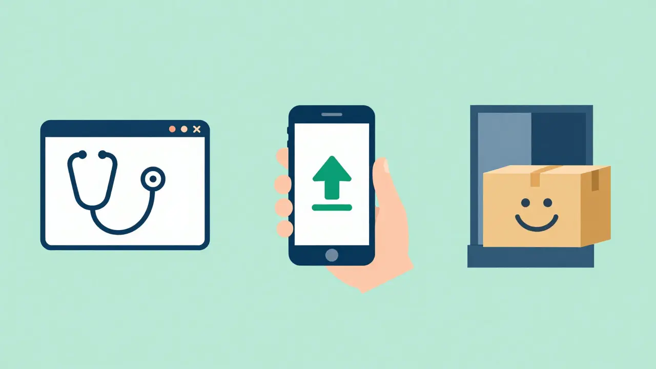 Step-by-step illustration of telehealth consult and medicine delivery
