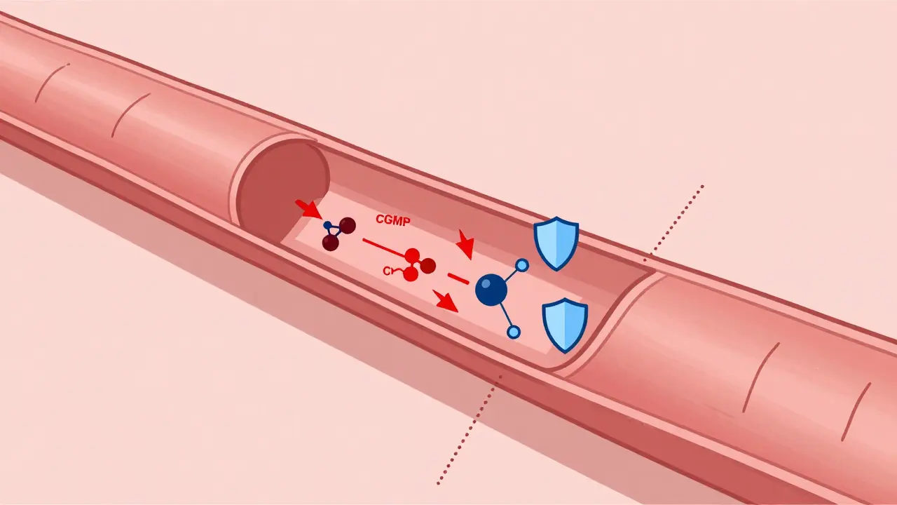 Abstract diagram of blood vessel dilating due to interacting drug molecules.