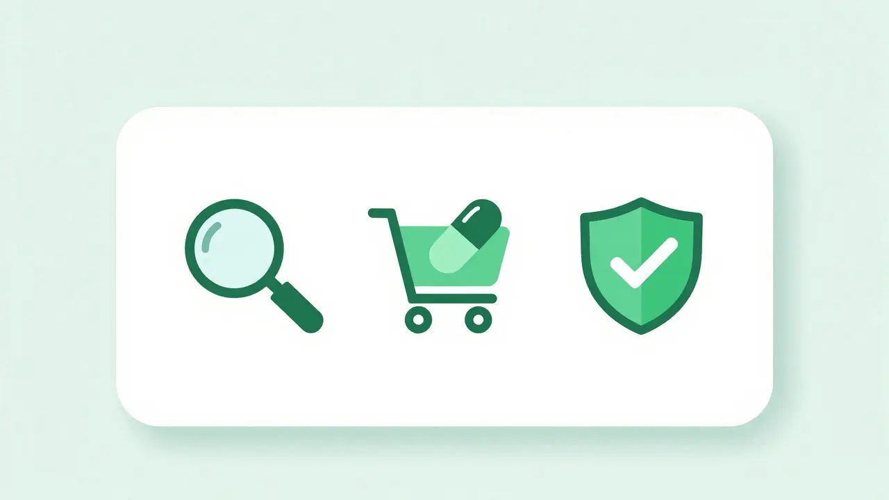Abstract online pharmacy interface showing search, cart, and safety icons