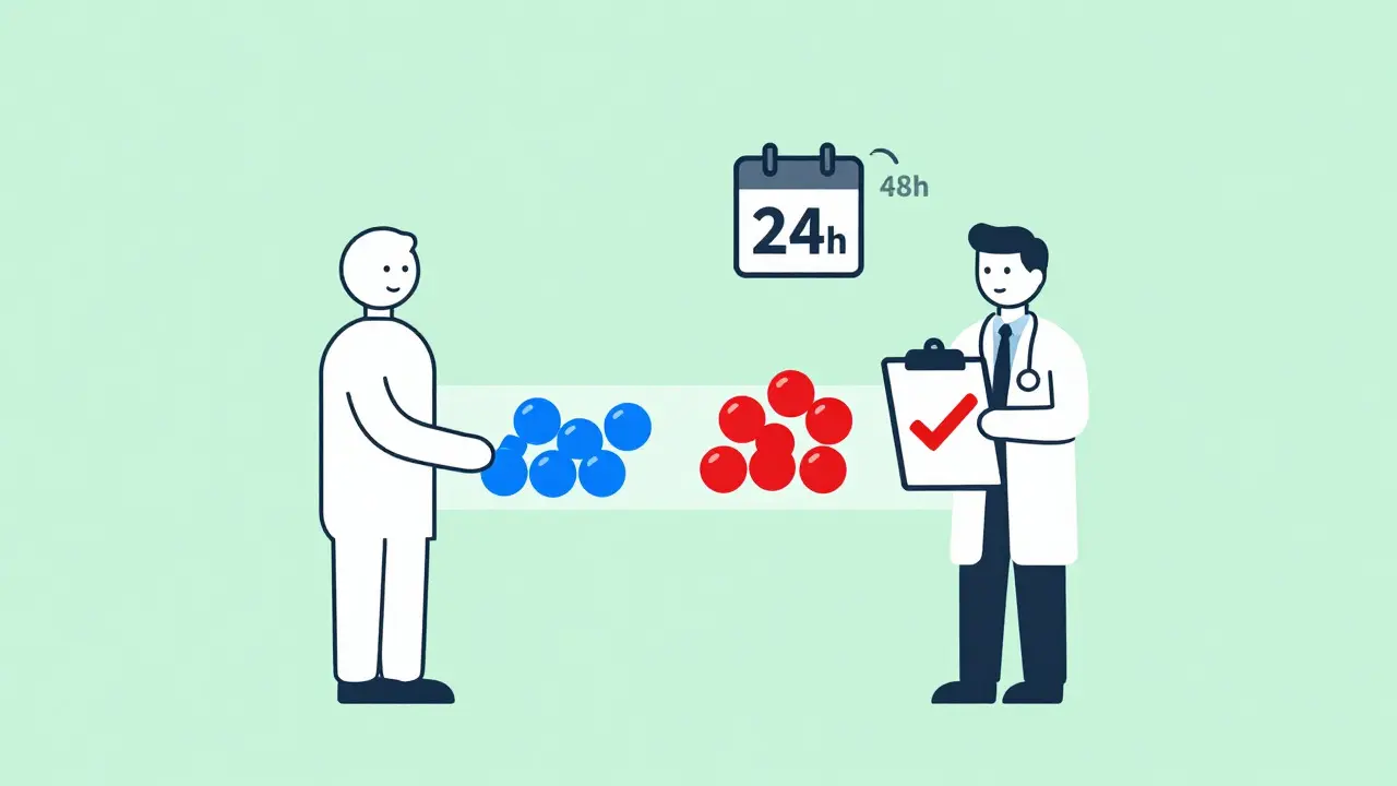Doctor advising patient with separated blue and red pills and time markers.