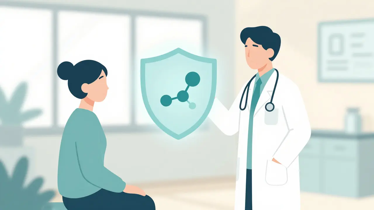Doctor and patient discussing safe antibiotic options with a protective shield symbol
