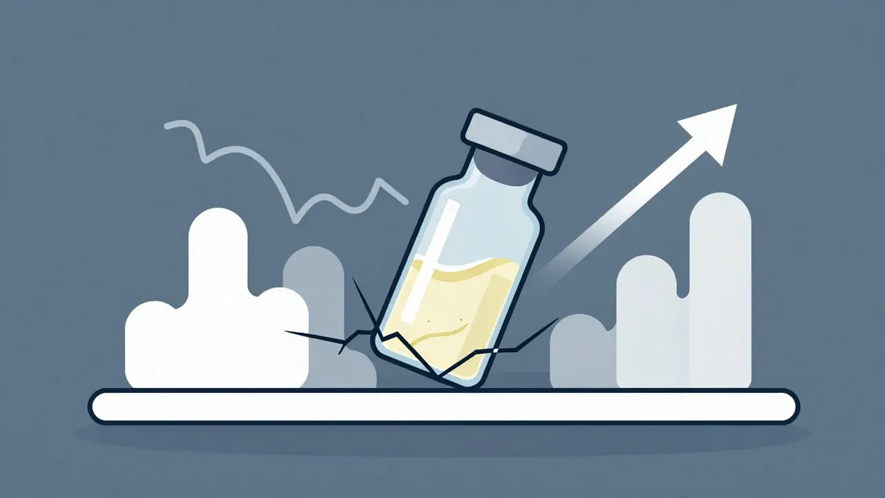 Fragile medicine vial on a tilting shelf surrounded by abstract market symbols