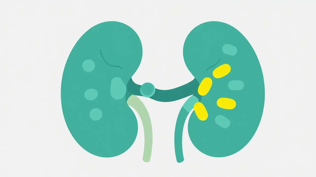 Illustration of a kidney filter with drug molecules moving slowly through it