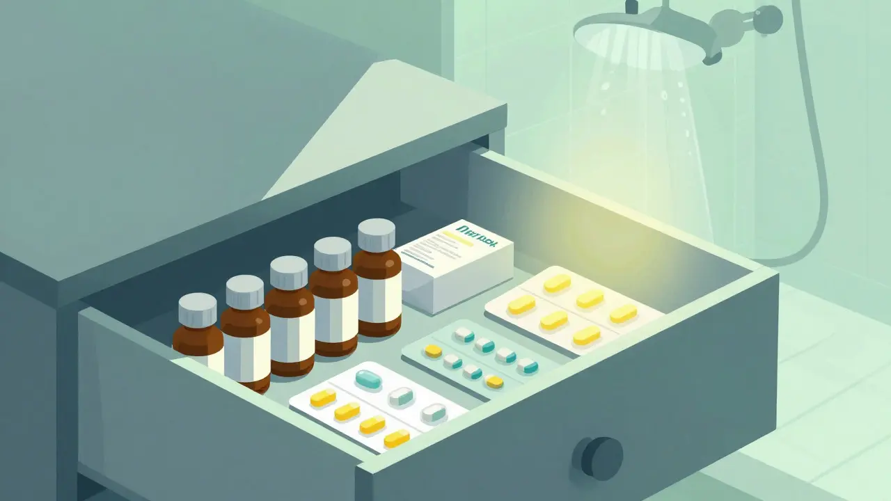Medicines stored safely in a cool drawer vs hot bathroom