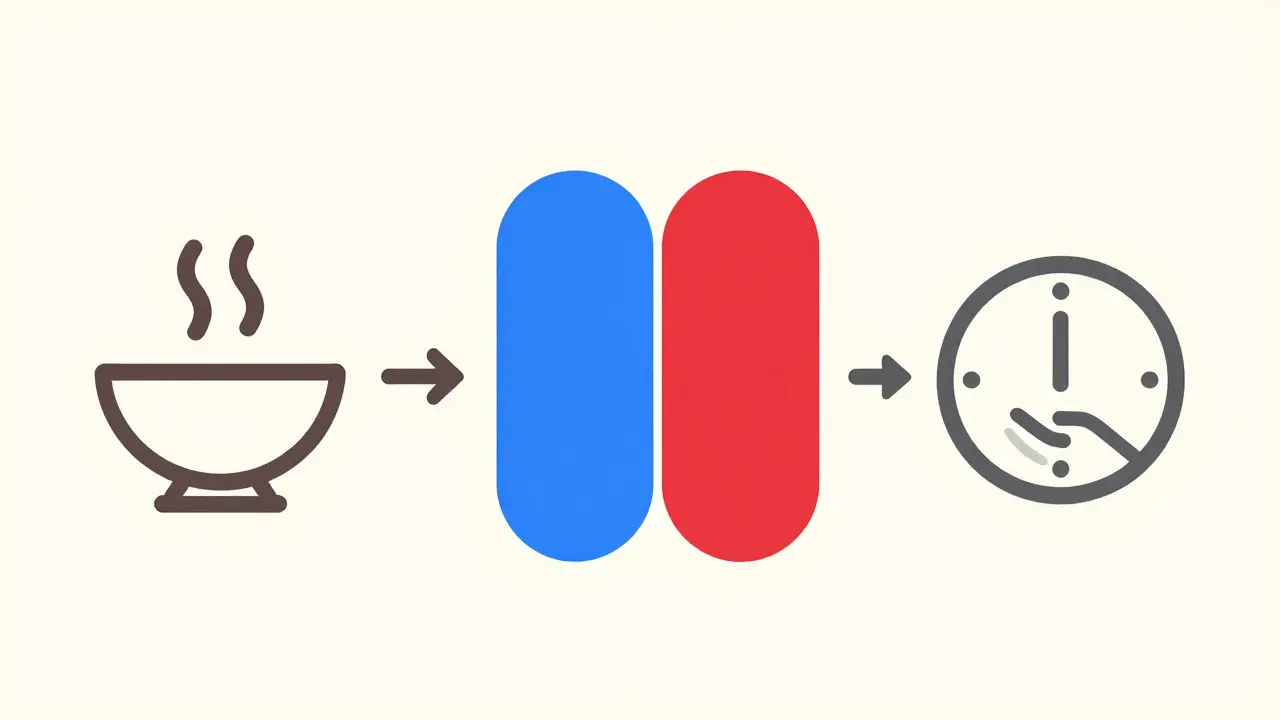 Minimalist graphic illustrating how food intake influences pill absorption rates