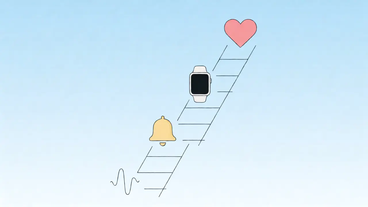 Minimalist ladder graphic showing escalating alert levels from vibration to caregiver