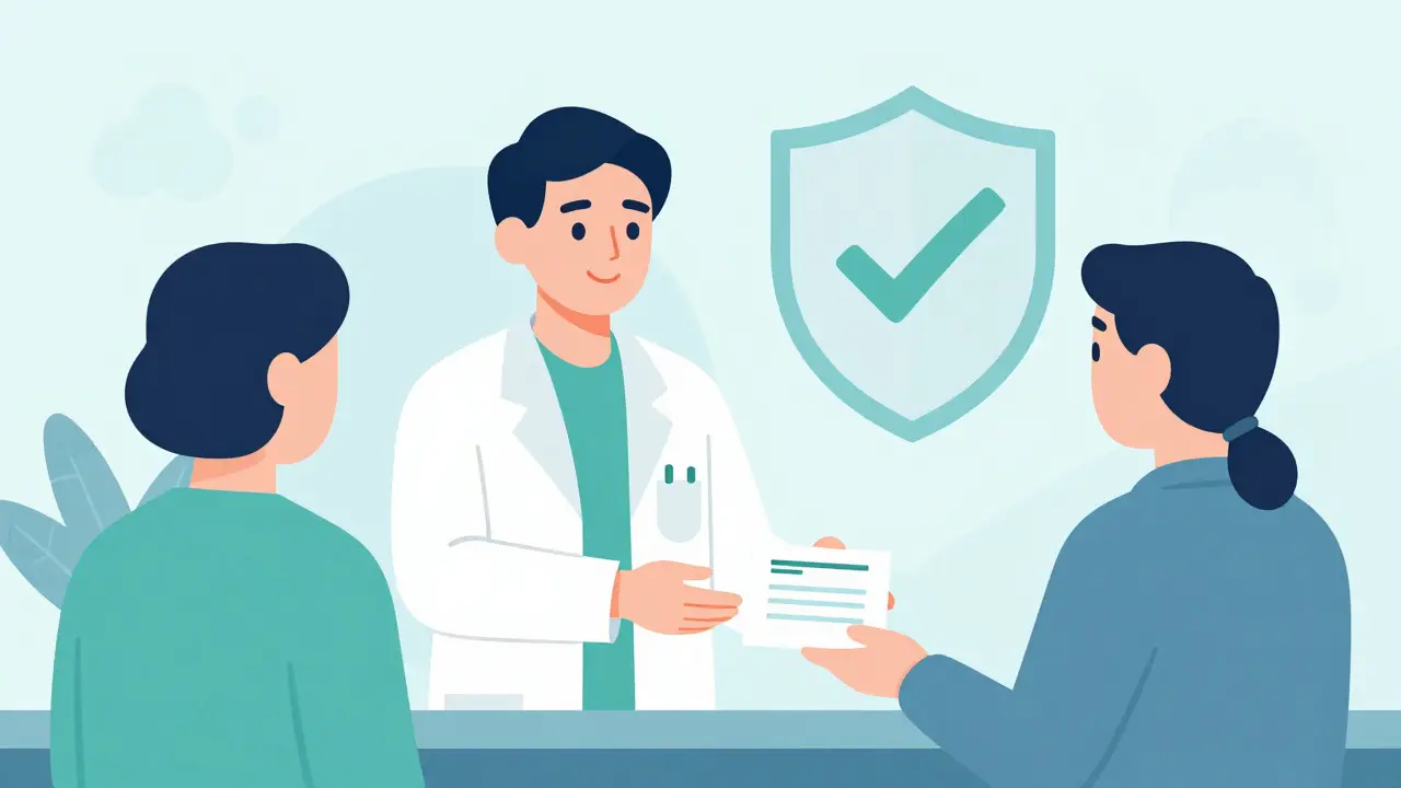 Pharmacist handing medication with safety shield icon in background