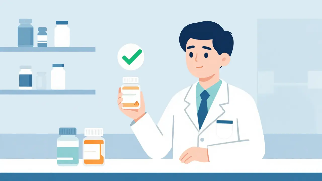 Pharmacist holding two different pill bottles in a minimalist pharmacy setting
