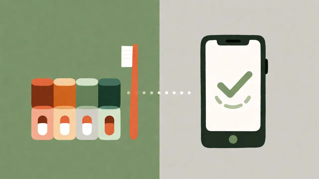 Split view of a pill organizer and smartphone confirming dose taken