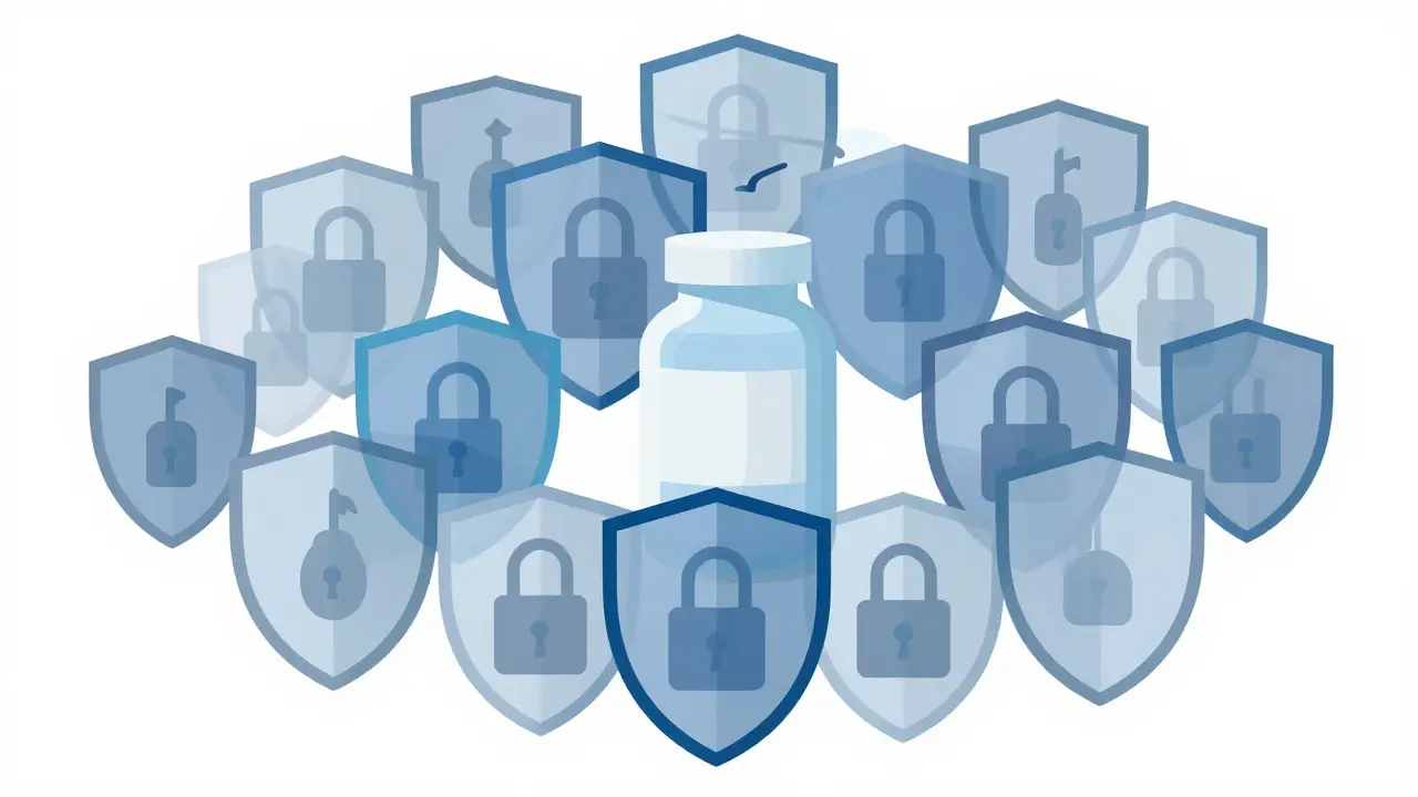 Web of patents blocking a pill bottle