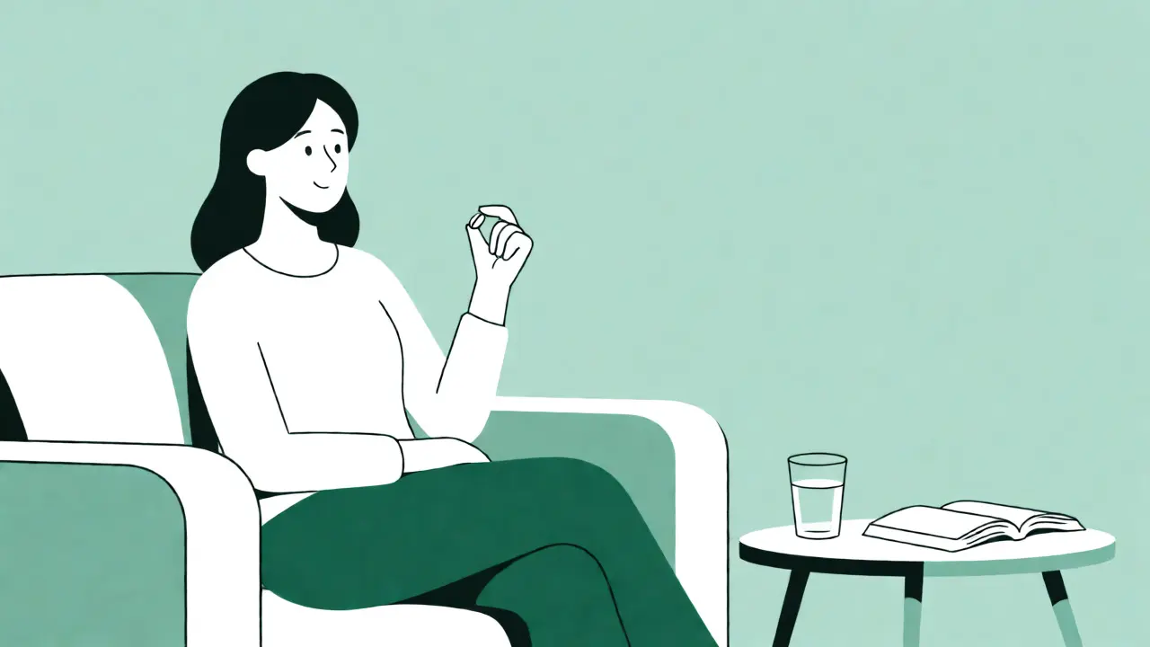 Relaxed woman holding a birth control pill with a book nearby